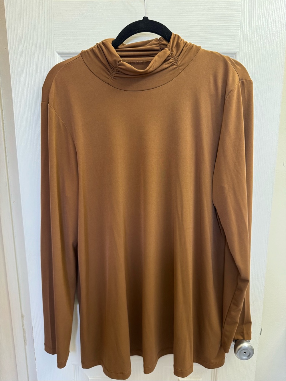 Susan Graver Long Sleeve Ruched Mock Neck Top in Camel